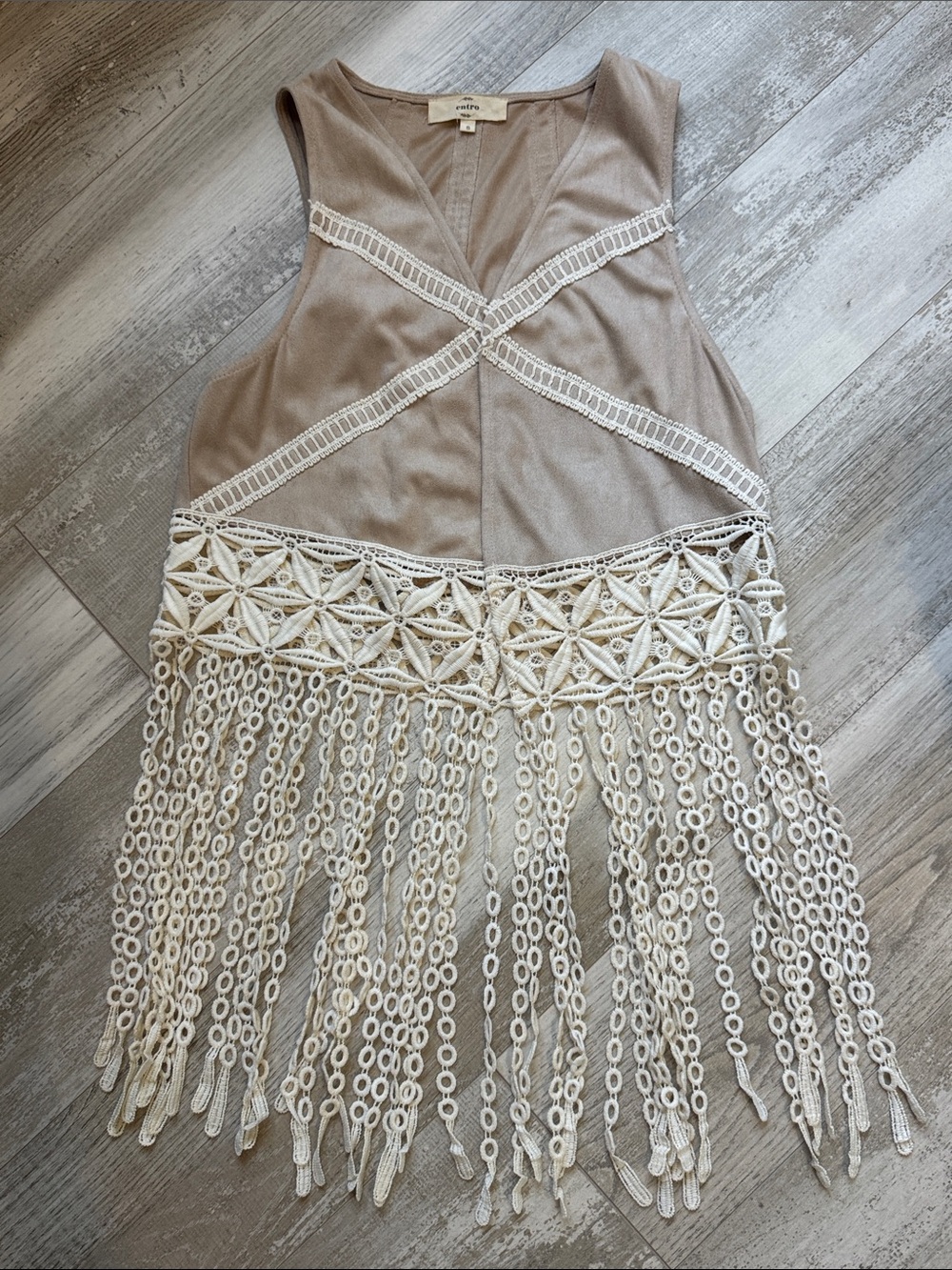 Entro Beige Crochet-Trim Sleeveless Top Small